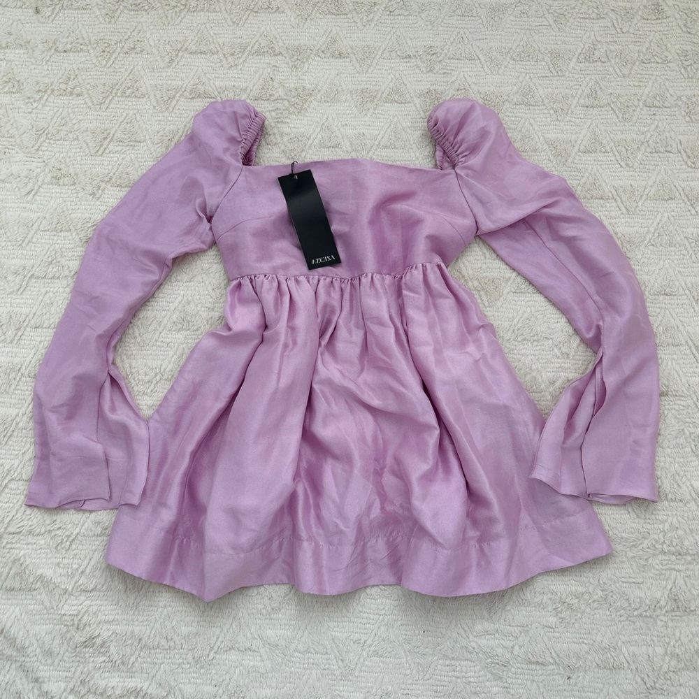 Azeeza Kamden pink silk puff sleeve long sleeve mini dress